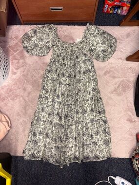 Smocked Puff-Sleeve Women’s Dress in Cream & Black Floral